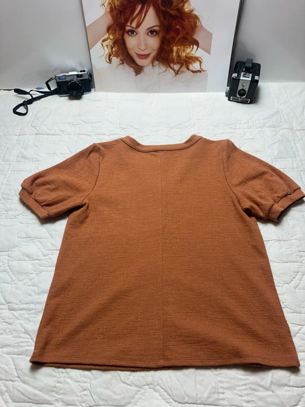 LOFT Rust Brown Textured Knit Henley Top Short Sleeve V Neck Medium - Picture 8 of 10